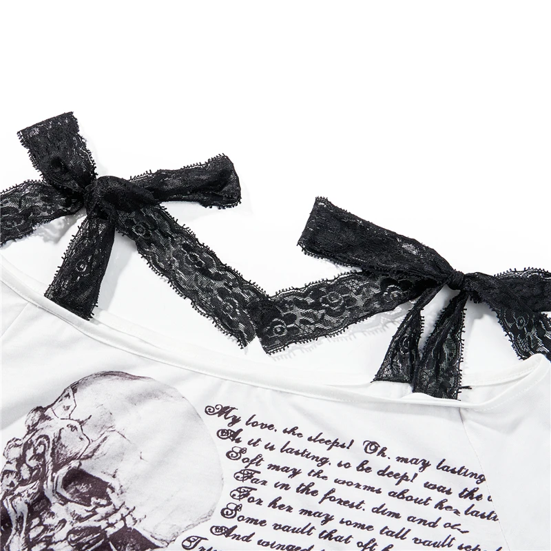 Goth Skull T Shirt 2000s Aesthetic Women Grunge Fairy Core Off Shoulder Short Sleeve Tops Graphic Tee y2k Streetwear