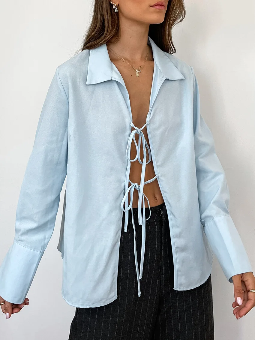 Women's Long Sleeve Shirt Hollow Lace Up Solid Color Casual Fashion Top Commuting Patchwork Women's Shirt Cardigan Top