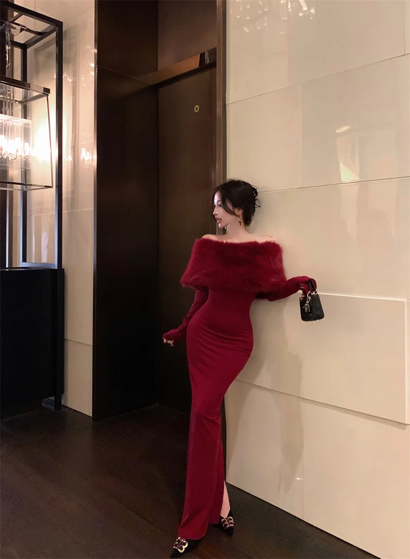 Fashion New Women Elegant Bodycon Midi Dress Long Sleeve Slim Solid Chic Vintage Christmas Party Prom Clothes Female Vestidos