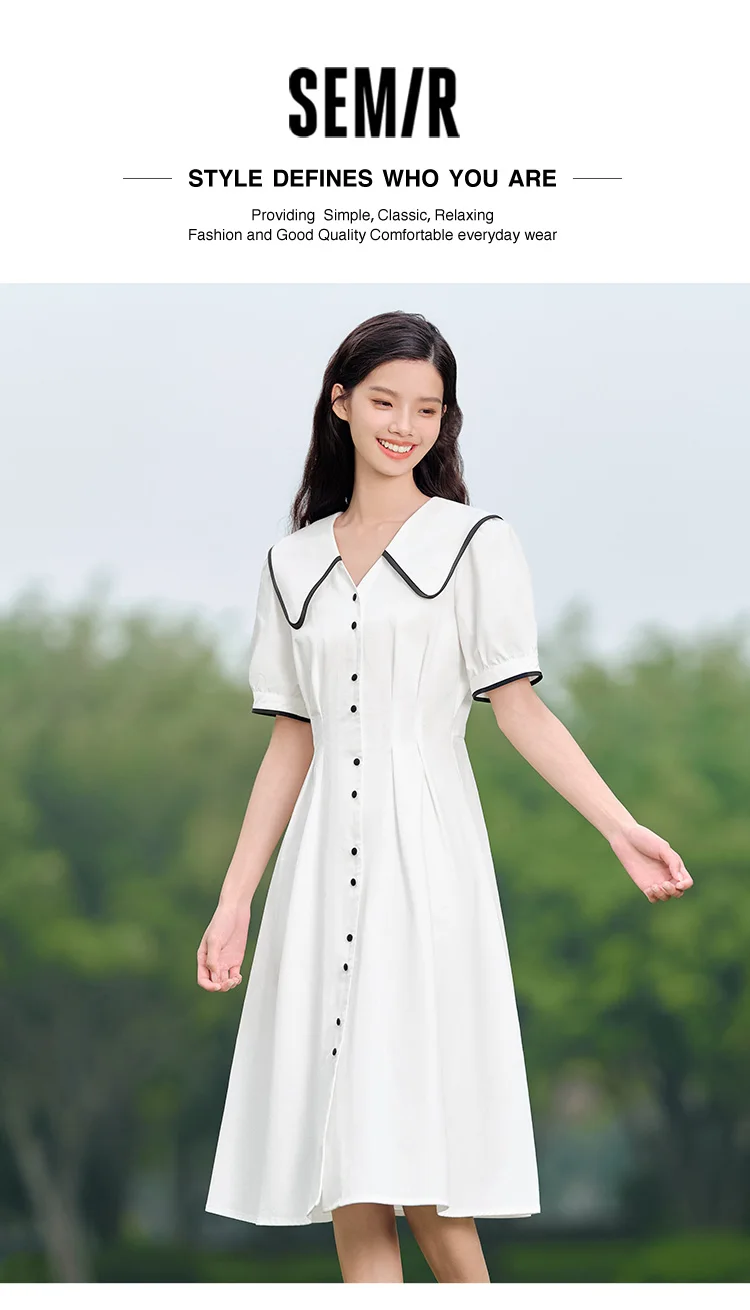 Dress Women Pure Cotton Puff Sleeves Dress Summer New Color-Block Large Lapel Mid-Length Dress College Style