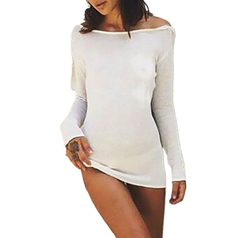 Backless White Dress Women Sheer Transparent Round Neck Long Sleeve Knitted Bodycon Dress Sexy Party Dresses Beachwear