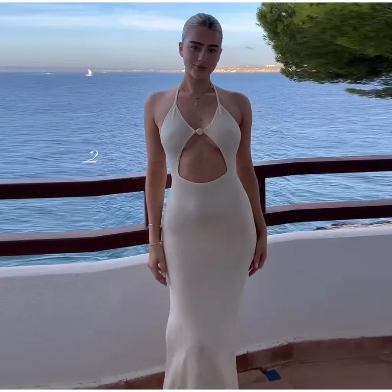 Women Knit Halter Maxi Dress Backless Lace Up V Neck Cutout Bodycon Long Dresses 2025 Summer Vacation Party Holiday Robes New