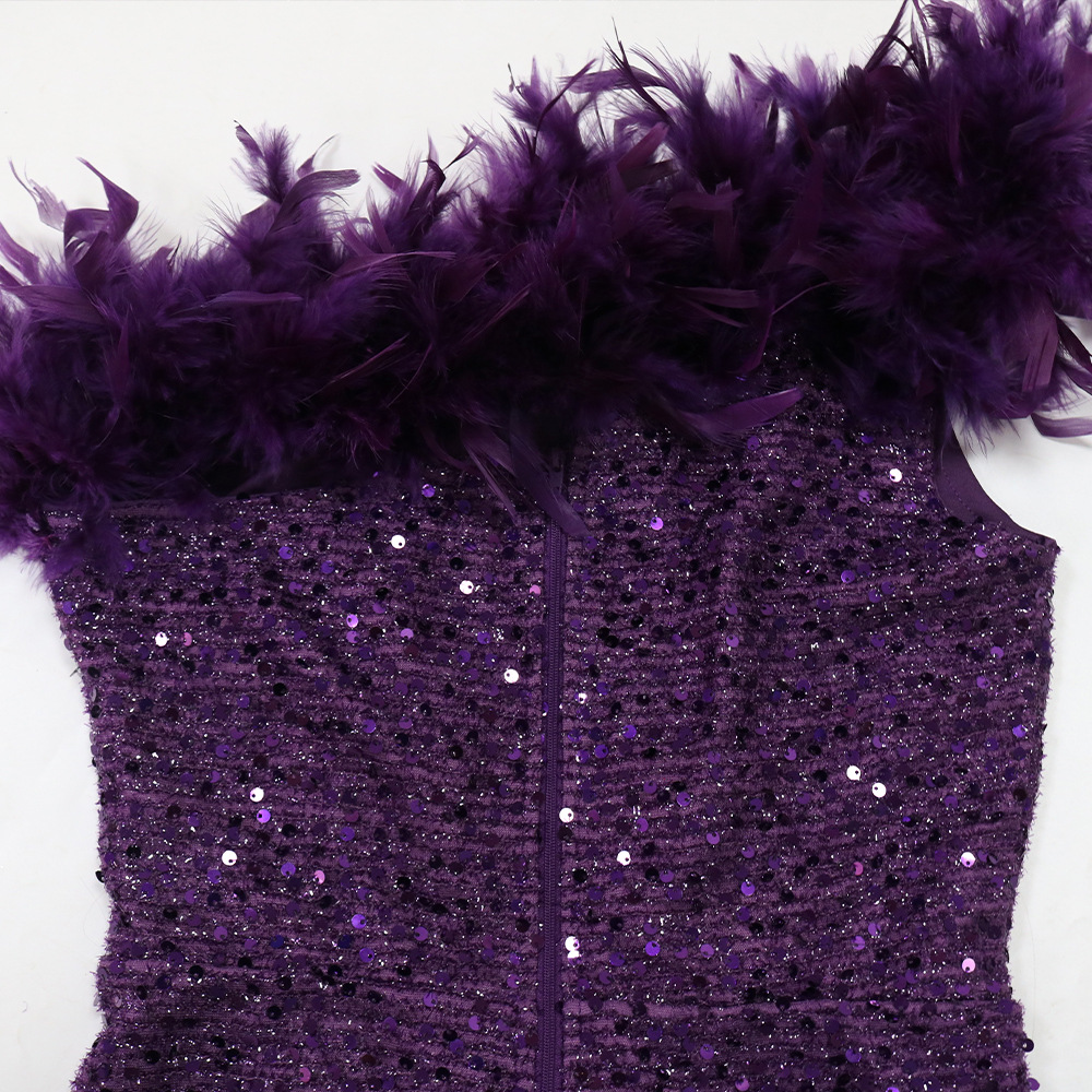 Black Paillette Feather Stitching Sequin Sexy Evening Dress Maxi Dress for Women