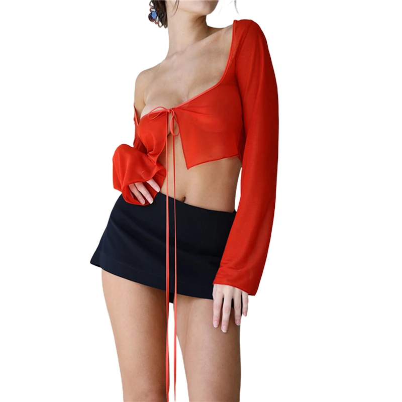 Vintage Aesthetic Crop Top Summer Women Mesh Long Sleeve T Shirt Lace Up Bandage Clothes y2k Clothes Casual Grunge Tees