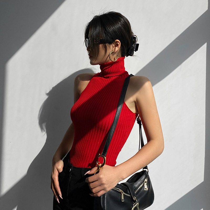 Summer High Neck Vest Women Sleeveless Solid Color Knit Ribbed Slim Fit Tank Tops y2k Clothes Lady Basic Clubwear