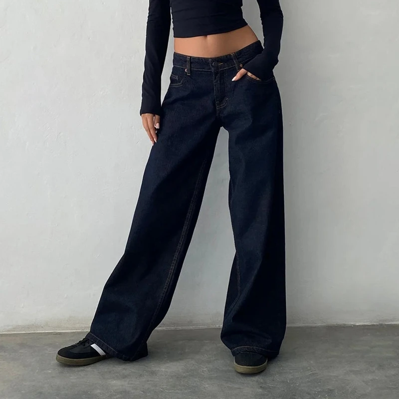 Women Y2K Aesthetic Low Rise Baggy Jeans Loose Fit Boyfriend Straight Wide Leg Jeans Trendy Stretch Long Denim Pants Trousers