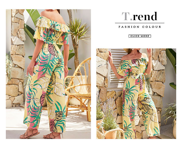 Women Clothing Fashion off-Shoulder Floral Jumpsuit Summer Short Sleeve Chiffon Vacation Beach Jumpsuit