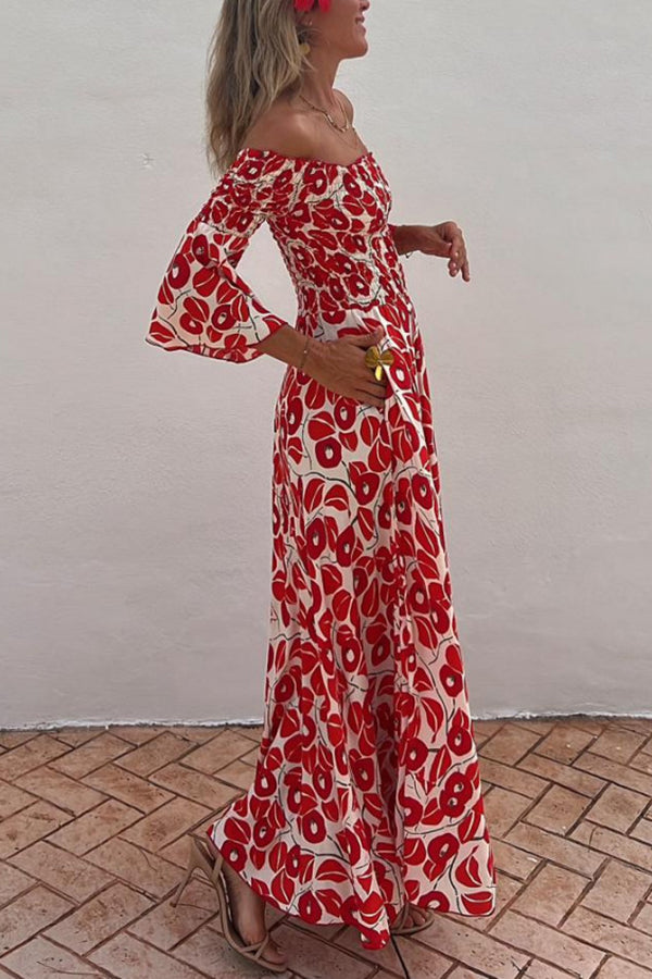 Vacation style fashionable floral print pleated one shoulder design pocket long dress