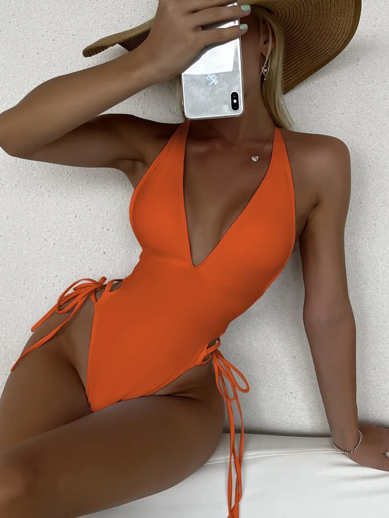 Solid V-neck One Piece Swimsuit for Women Sexy Cross Bandage Swimwear Backless Bathing Suit New Monokini