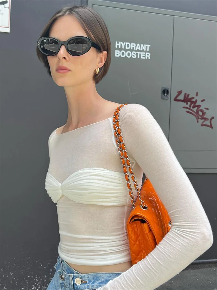 Mesh Sheer Off-Shoulder Top Shirt For Women New Long Sleeve See-Through Lace Knit Pullover Tops Summer Mesh Top Tee Shirt