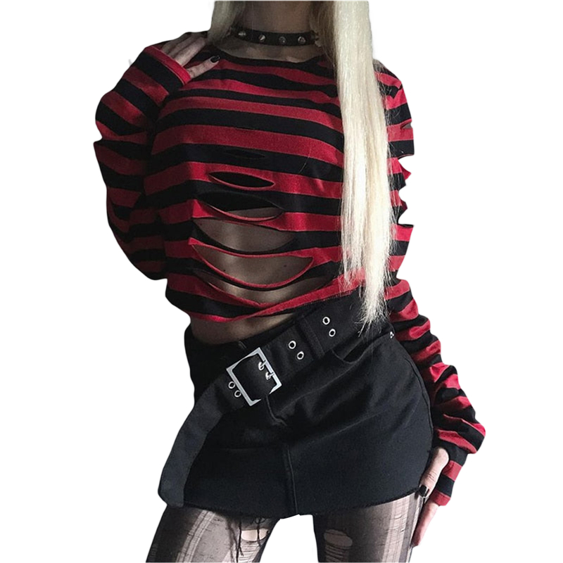 Cyber Punk y2k Top 2000s Women Striped Round Neck Long Sleeve T Shirt with Hole Gothic Clothes E Girl Tees Streetwear