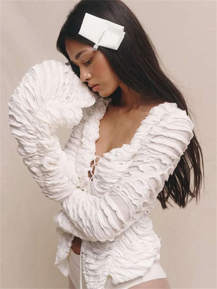 Autumn Fashion Ruffled T-shirt Cropped Top Female Hollow Out Lace-Up Patchwork Loose Outwear White Women Bandage Tee Coat