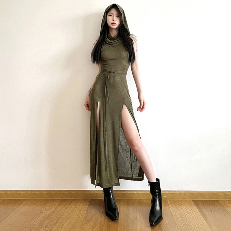 Grunge Dress y2k Women Clothes Solid Color Sleeveless Hollow Out Back Slit Hooded Dress 2000s Halloween Party Dresses