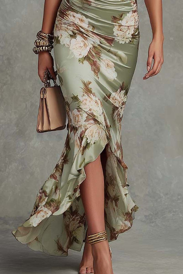Floral Print V-neck Ruffled Short-sleeved Fitted Waist Pleated Maxi Dress