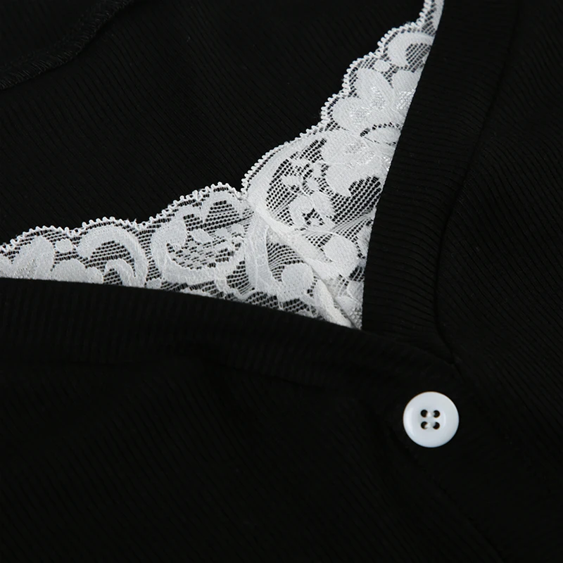 Y2K Contrast Lace Slim Top Autumn Cute Long Sleeve Buttons T-shirt Knitted Casual Outfits Sweet Korean Tee Streetwear