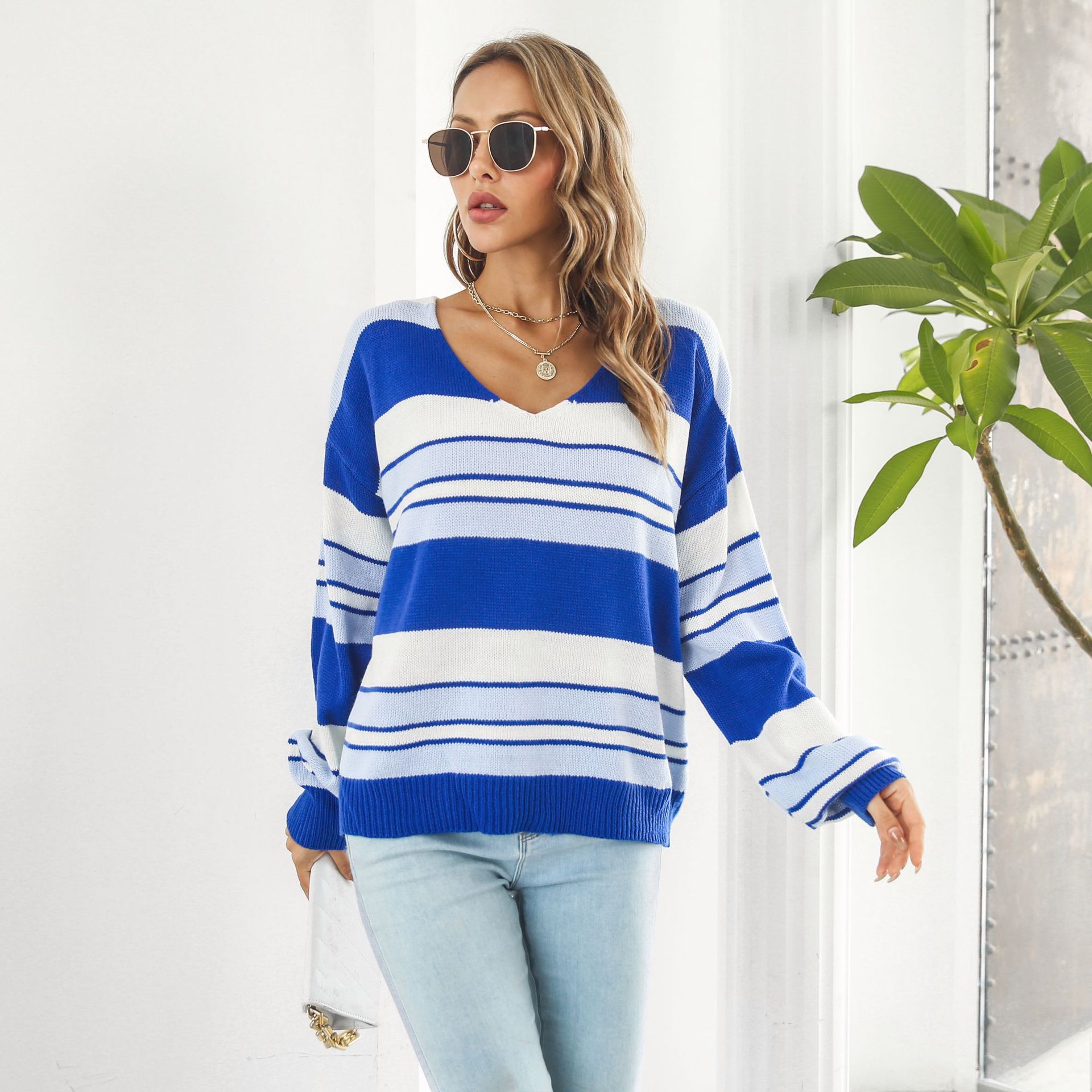 Striped Gradient Color V neck Long Sleeved Women Loose Autumn Winter Knitwear Sweater