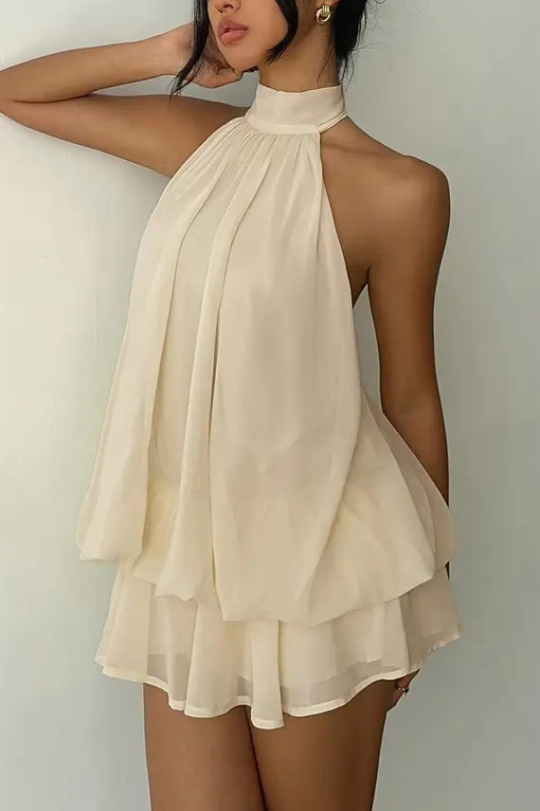 Fashionable Chiffon Halter Neck Backless Lace-up Casual Vacation Mini Dress
