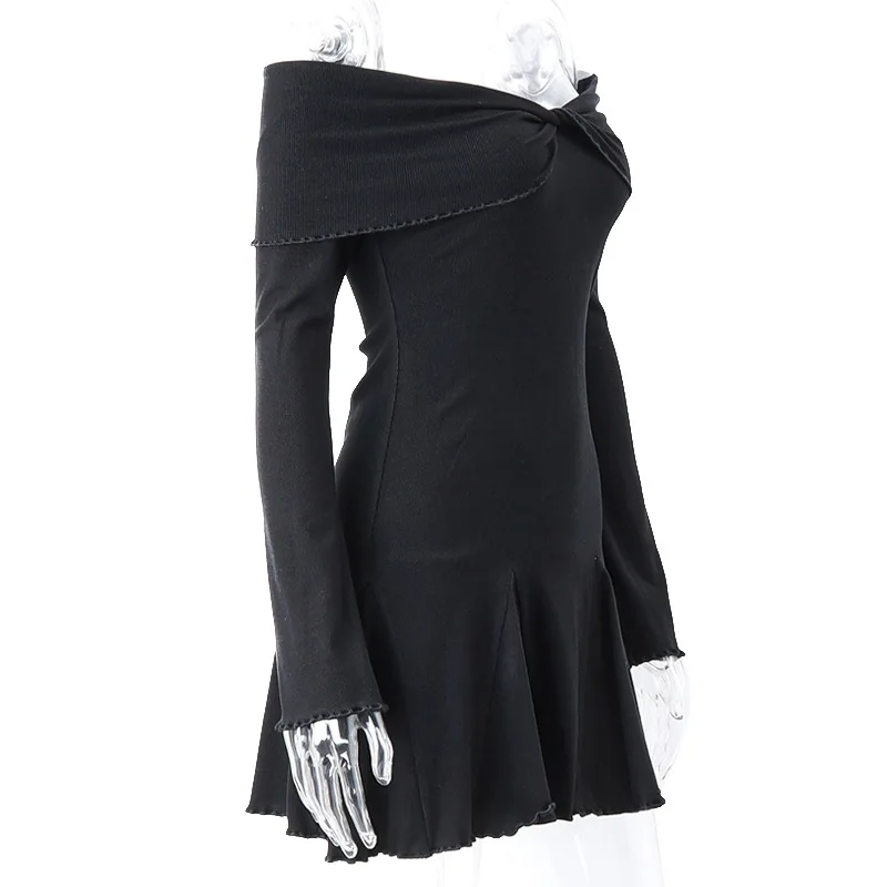 Black Knit Ruffled Mini Dress Women Patchwork Off-Shoulder Loose Slim Fashion Ribbed Dress Knitwear Clothes Female Dress