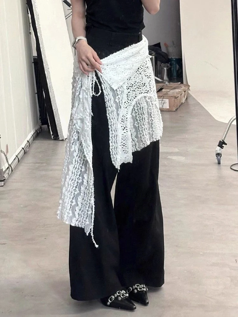Y2K Irregular Mini Skirts Women Harajuku Aesthetic White Lace Tulle Bandage Skirt Japanese Vintage Hollow Out Faldas New