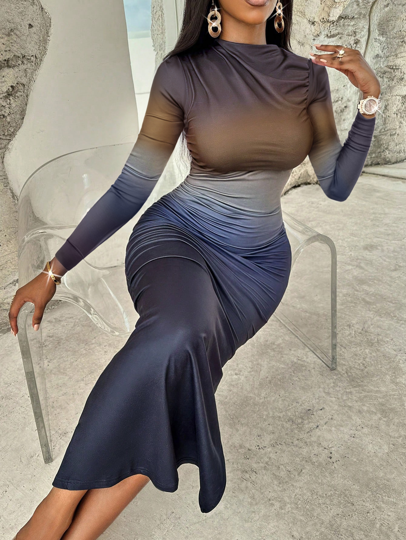 Spring Summer Sexy Slim Fit Contrast Colors Blooming Mid Length Sheath Long Sleeve Dress Women