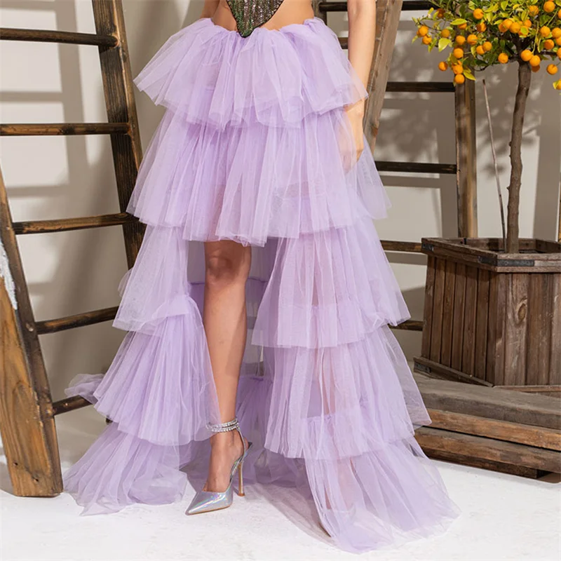 Tulle Skirts Women y2k Solid Color Elastic High Waist Asymmetrical Hem Long Skirts Summer Evening Party Skirt Clubwear