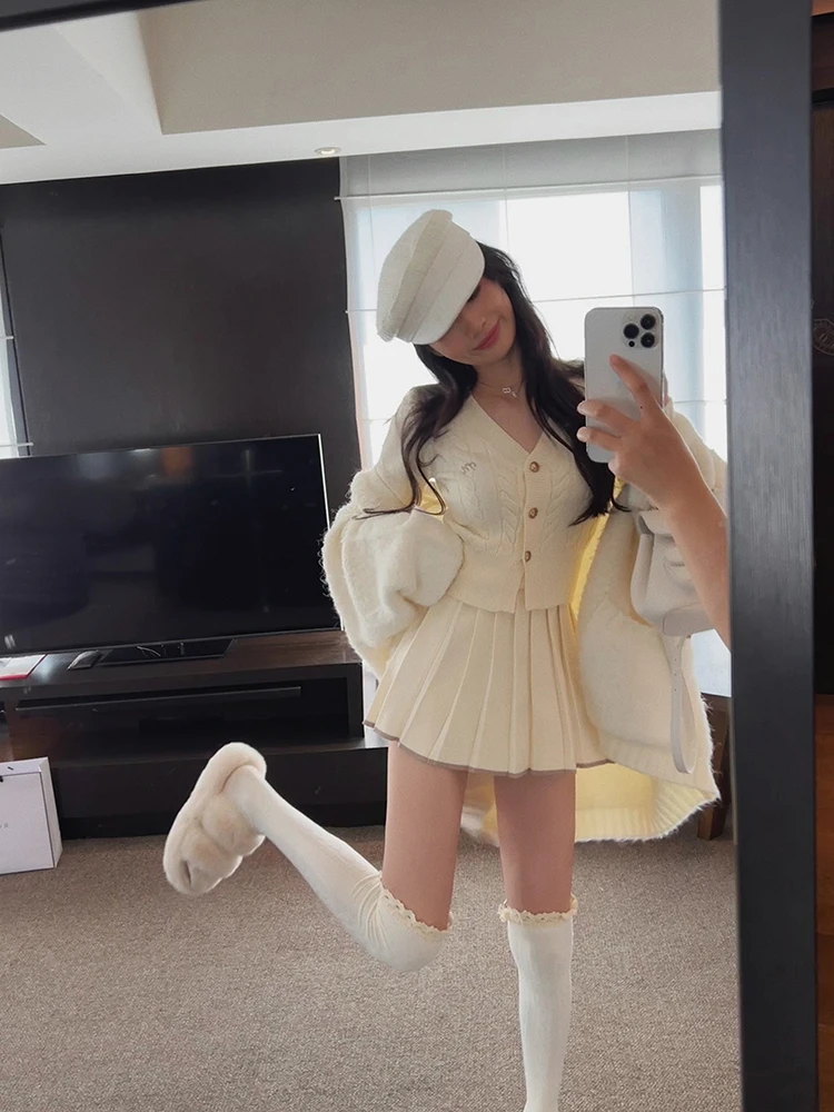 Autumn Knitted Two Piece Skirt Set Women Long Sleeve Single Breasted V-neck Top Mini Pleated Skirt Korean Chic Female Outfit New