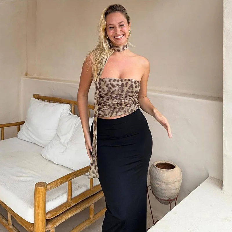 Women Tulle Leopard Print Top with Bandeau Off-the-shoulder Straight-cut Neckline Summer Casual Girls for Summer Blouse