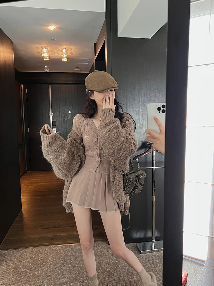 Autumn Knitted Two Piece Skirt Set Women Long Sleeve Single Breasted V-neck Top Mini Pleated Skirt Korean Chic Female Outfit New