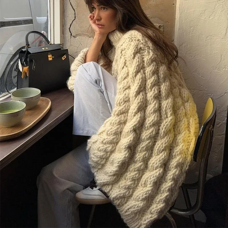 Knit Oversize High Neck Jumper Sweater Women Lazy Round Neck Ribbed Pullover Female Autumn Winter Thick Warm Lady Knitwear