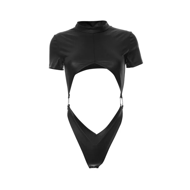 PU Sexy Bodysuit Lingerie Black Top Women Rave Outfit Short Sleeve Body Feminino Hollow Out One-Pieces Lenceria Bodys Sexy Mujer