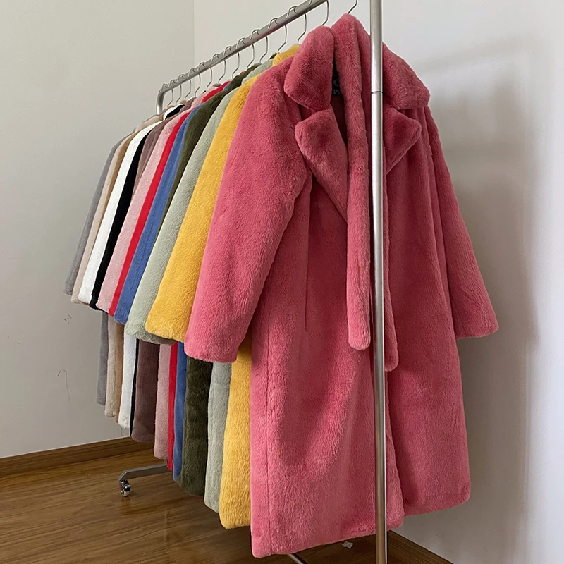 Luxury Winter Long Overcoats Women Oversized Lapel Belted Faux Rabbit Fur Coat Jacket Female Plus Size Outerwear Plush Fur Coats