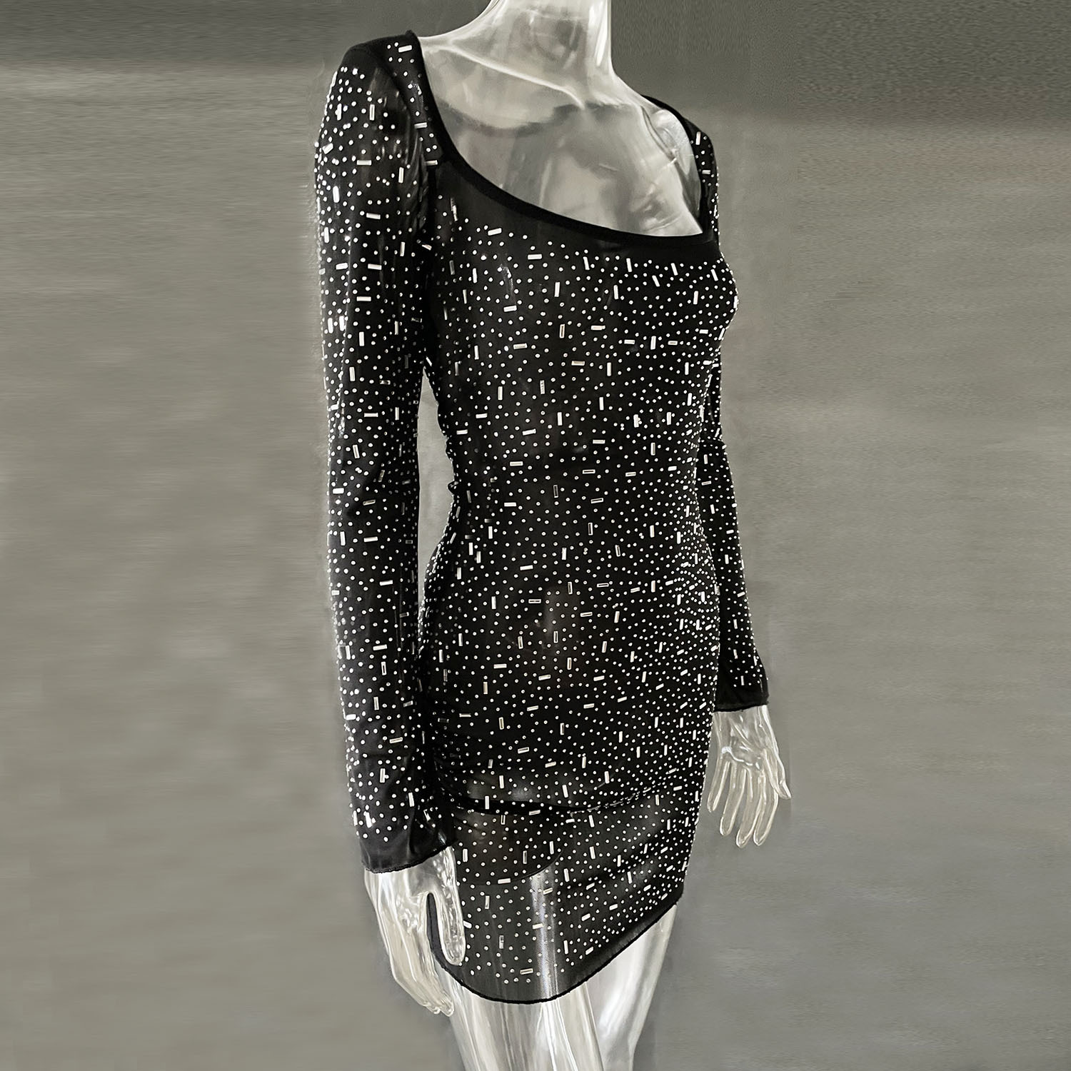 Best Women Clothes Sequined Rhinestone Sexy Semi See through Long Sleeve Short Dress