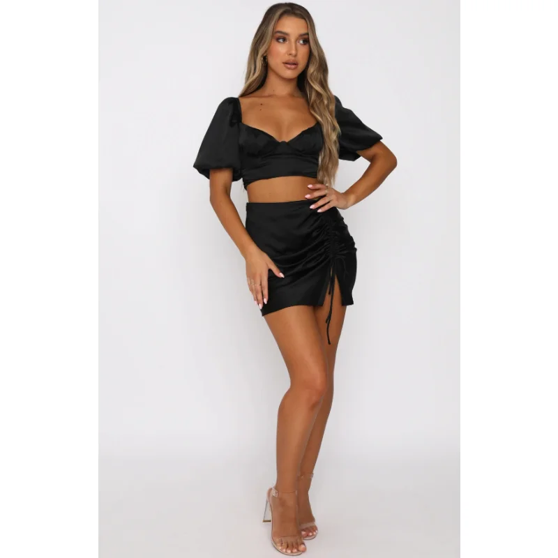 Pleated Lace-Up Satin Mini Skirt Side Split Fashion For Women Skirt Solid High Waist Zipper Casual Outfit Ladies Skirt