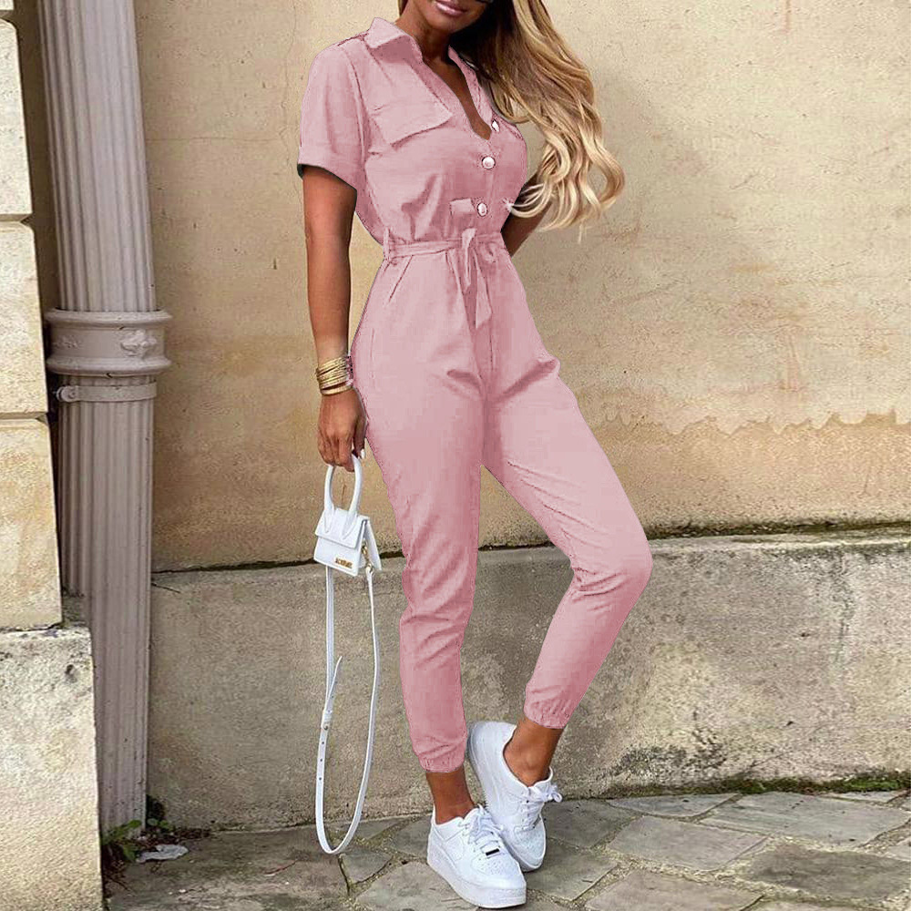 Women Clothing Trousers Casual Collared Button Printed Belt Cargo Overalls Plus size