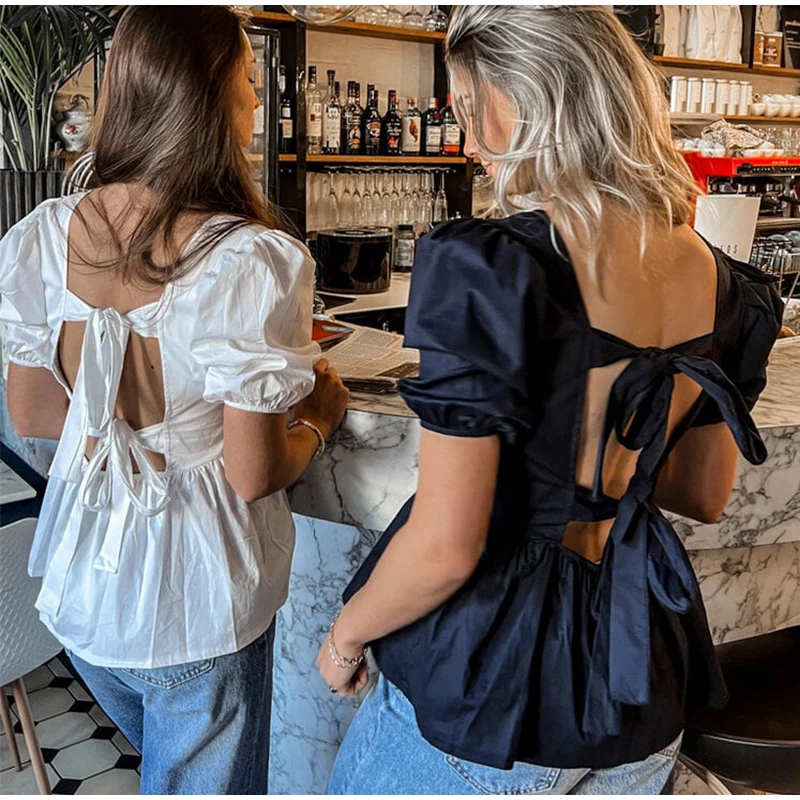 Vintage Lace Up Puffy Sleeve Shirts Women Elegant Solid Backless Square Collar Shirt Female Summer Sweet Fashion Street Tops