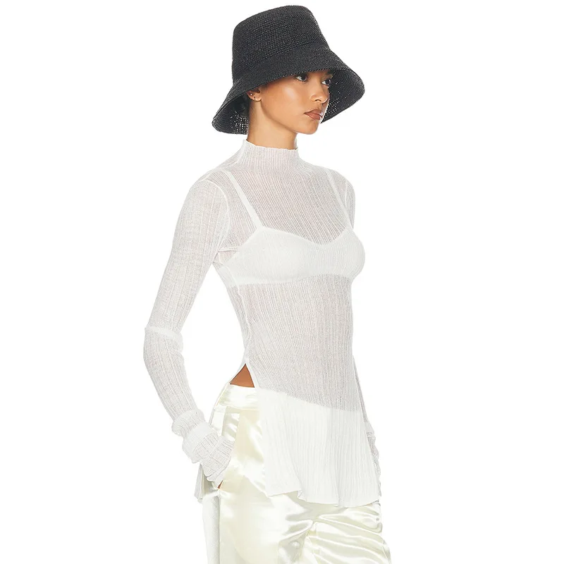 White Knitwear See-Through T-shirt Pullover Female Hollow Out Slim Loose Long Sleeve Casual Tee Women Patchwork Top Tee