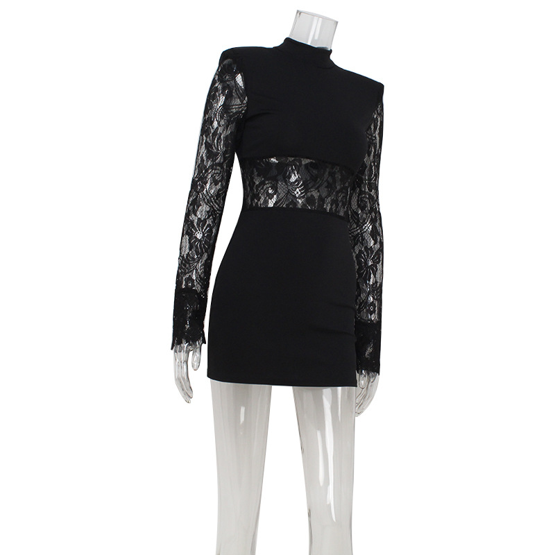 Dress Elegant Cushion Hollow Out Cutout Shoulder Lace Stitching Minority Spring Autumn Sexy Short Dress