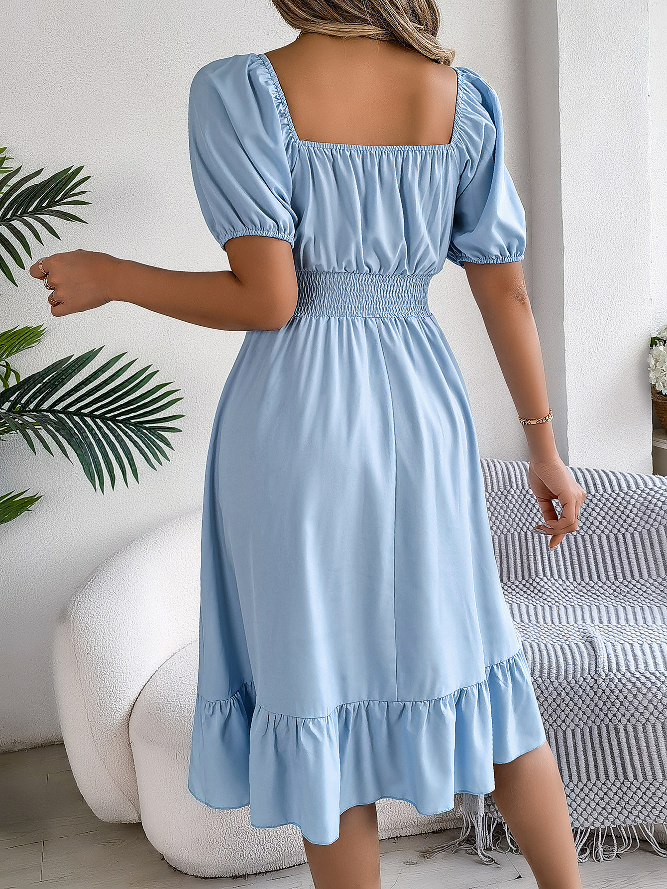 Spring Summer Casual Square Collar Short Sleeve Waist Trimming Ruffles A line Dress Women Clothing