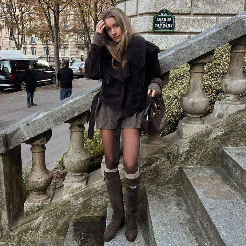 Vintage Cropped Suede Jacket Women Lapel Fur Collar Lace Up Long Sleeve Coat Female Winter Fashion Lady High Street Outwear
