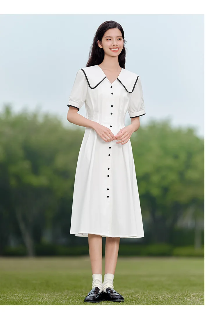 Dress Women Pure Cotton Puff Sleeves Dress Summer New Color-Block Large Lapel Mid-Length Dress College Style