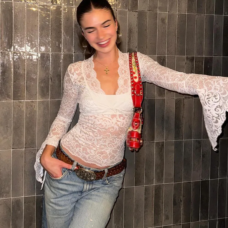 Lace See-Through Sexy Y2k Top T-shirt Women V-Neck Patchwork Hollow Out Fashion Cropped Top Night Club Clothes Crop top