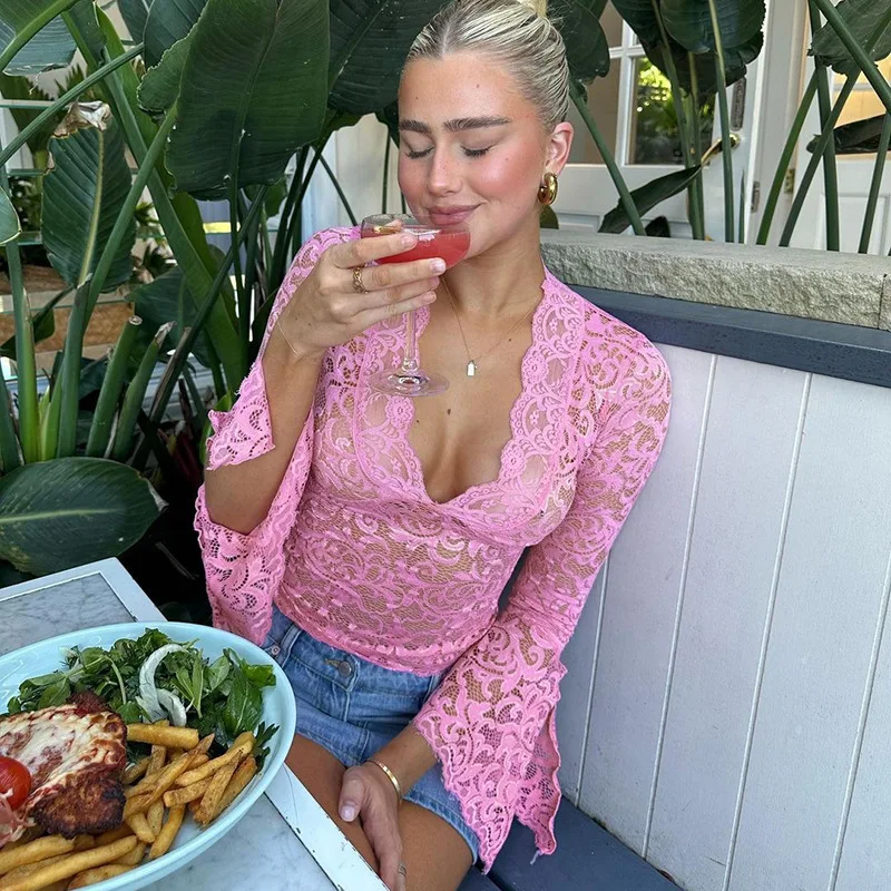Lace See-Through Sexy Y2k Top T-shirt Women V-Neck Patchwork Hollow Out Fashion Cropped Top Night Club Clothes Crop top