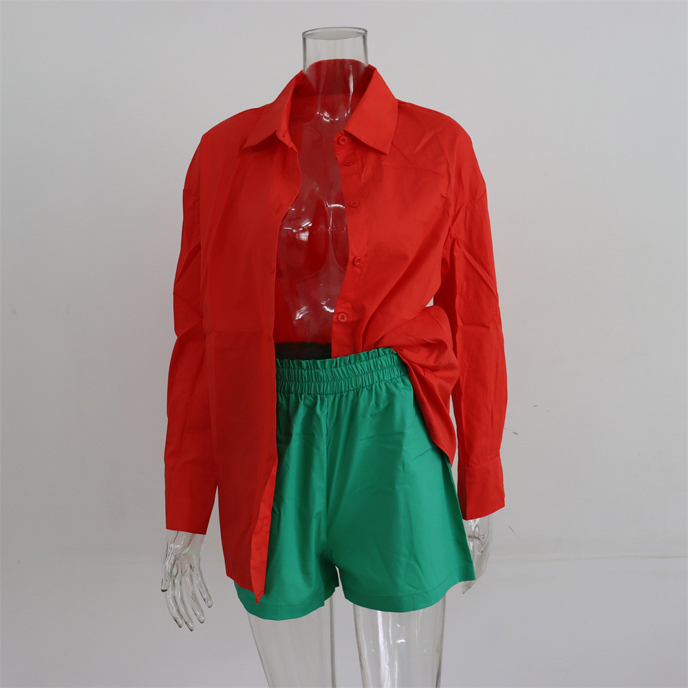 Spring Summer Two Piece Set Solid Color Single Breasted Long Sleeve Collared Shirt Shorts Loose Casual Set