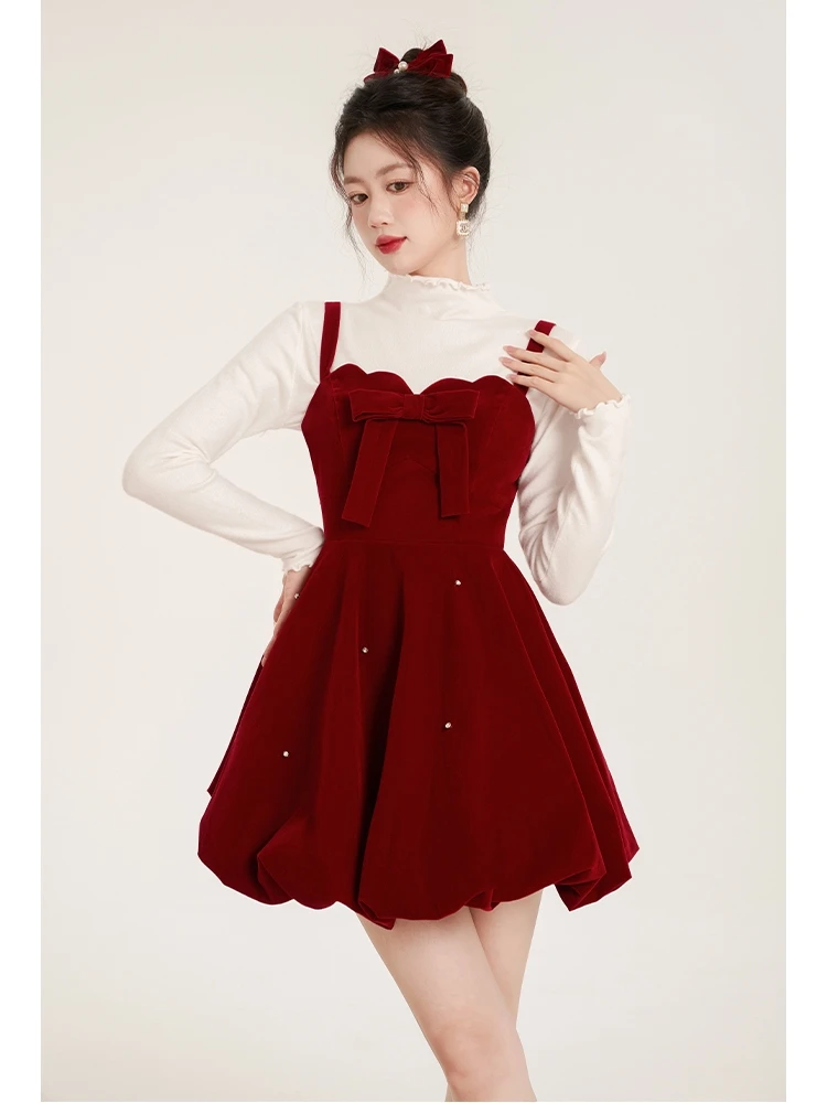 Christmas Two-piece Dress Set Women Solid Sweater A-line Velvet Sleeveless Short Dress Korean Fashion Female Autumn New Outfits
