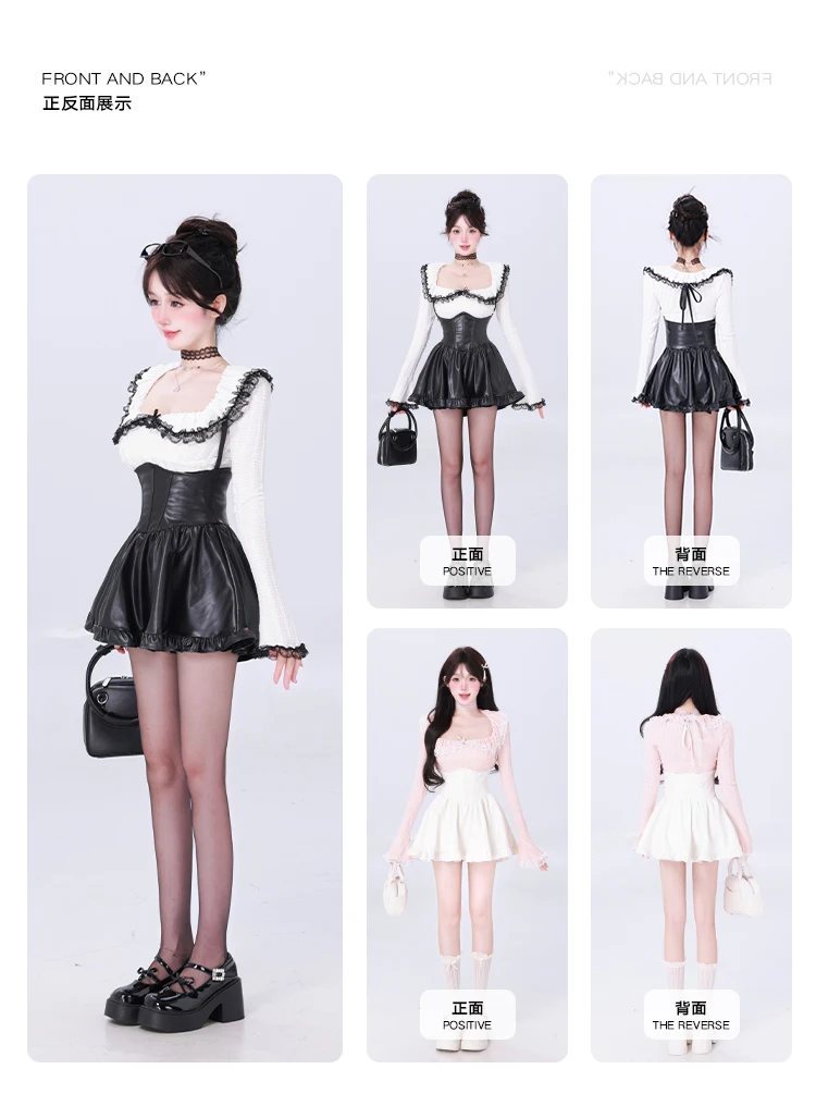 Y2K Two-piece Skirt Set Lace Square Collar Long Sleeve Top High Waist Halter Mini Skirt Korean Fashion Kawaii Sexy Outfits New