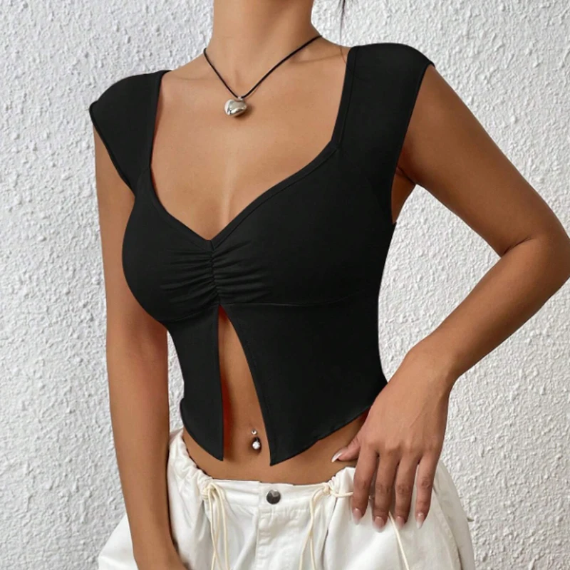 Instagram's new European and American sexy Spice girls design a thin short T-shirt with a slit under the chest