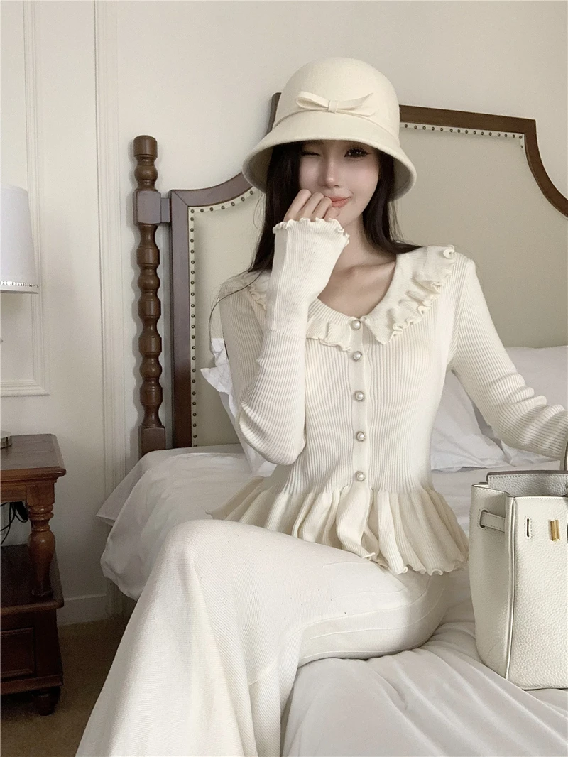 Autumn Winter Knitted 2-Piece Sets Women Ruffles Tops Bodycon Fishtail Skirt Slim Solid Knitwear Outfits Korean Fashion Suit