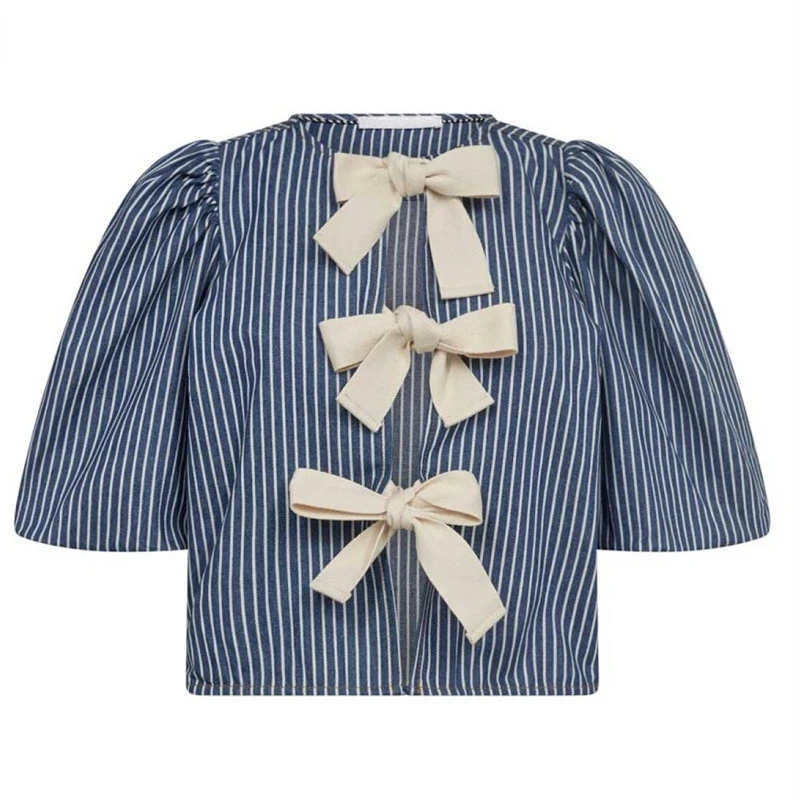 Peplum Shirt Women y2k Clothes Striped Round Neck Puff Half Sleeve Tie Front Blouse Elegant Ladies Clothes Streetwear