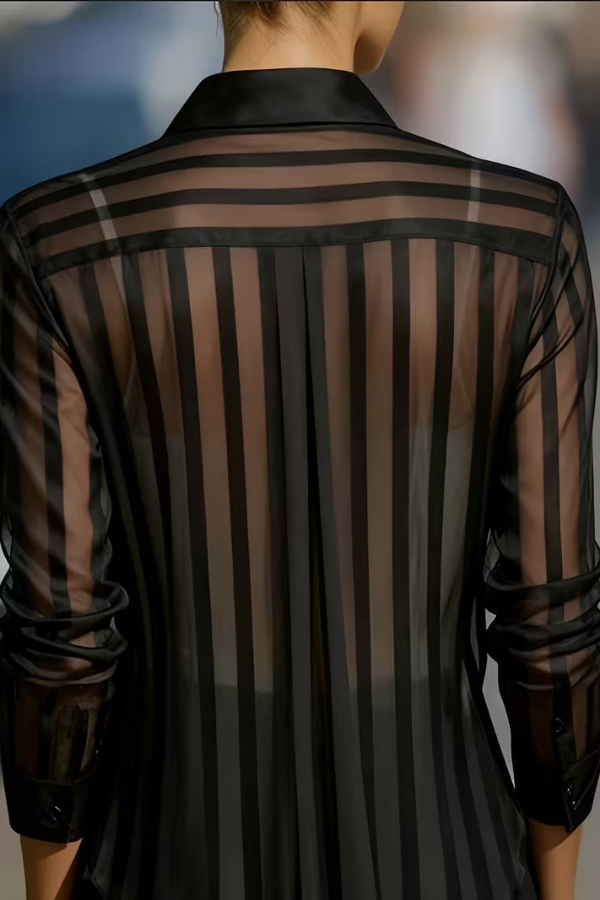Stylish Sheer Striped Collared Long-sleeved Loose Casual Shirt