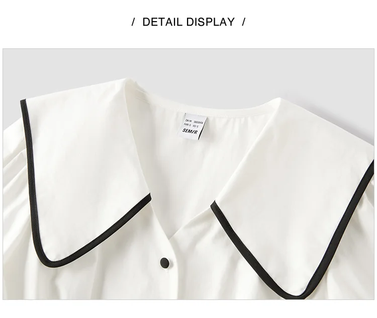 Dress Women Pure Cotton Puff Sleeves Dress Summer New Color-Block Large Lapel Mid-Length Dress College Style